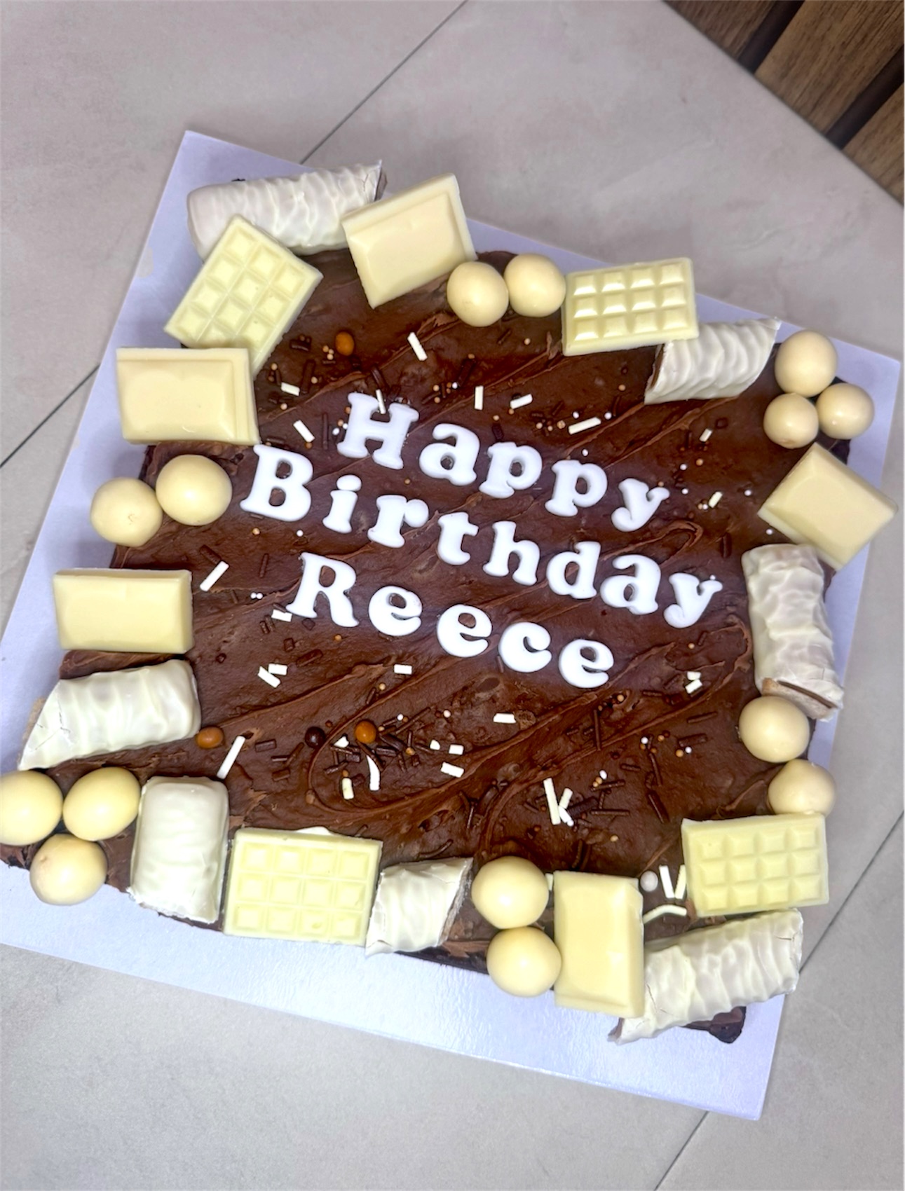 Chocolate birthday slab cake with white chocolate