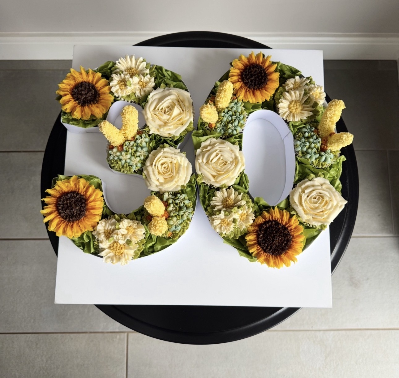 30th birthday cupcake number arrangement with sunflowers